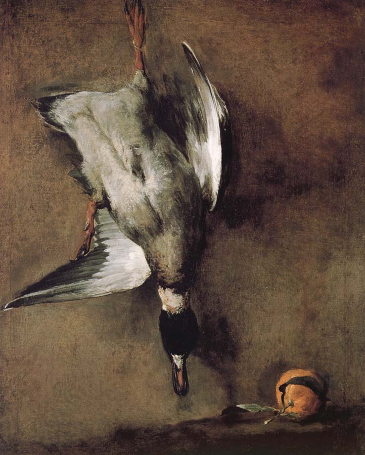 Jean Baptiste Simeon Chardin Wild ducks hanging on the wall, and the Orange